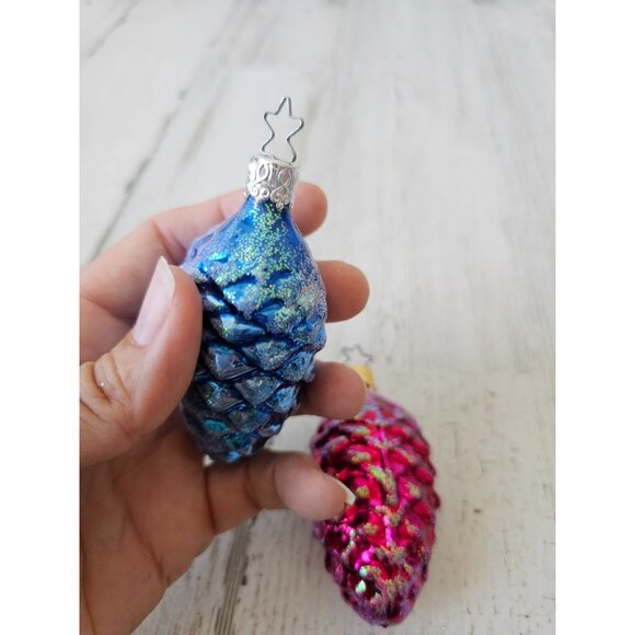 Inge glas acorn pinecone glitter blue red ornament Xmas tree Germany - Picture 4 of 9